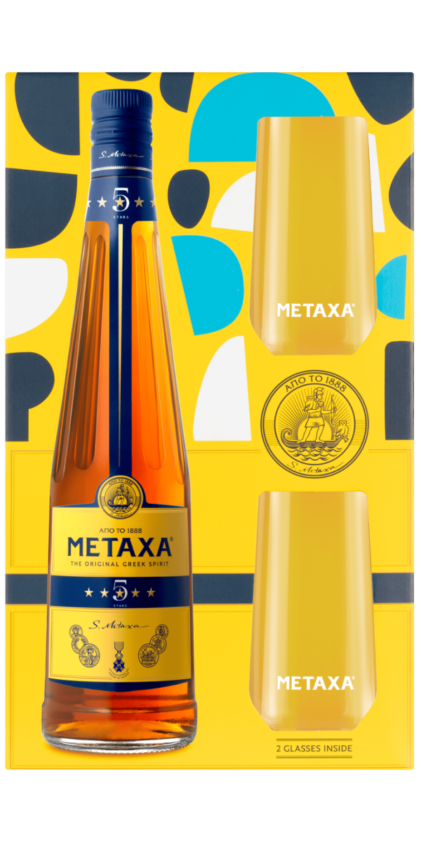 Фото Набір алкогольний напій Metaxa 5* + два стакани 0.7л-каталог