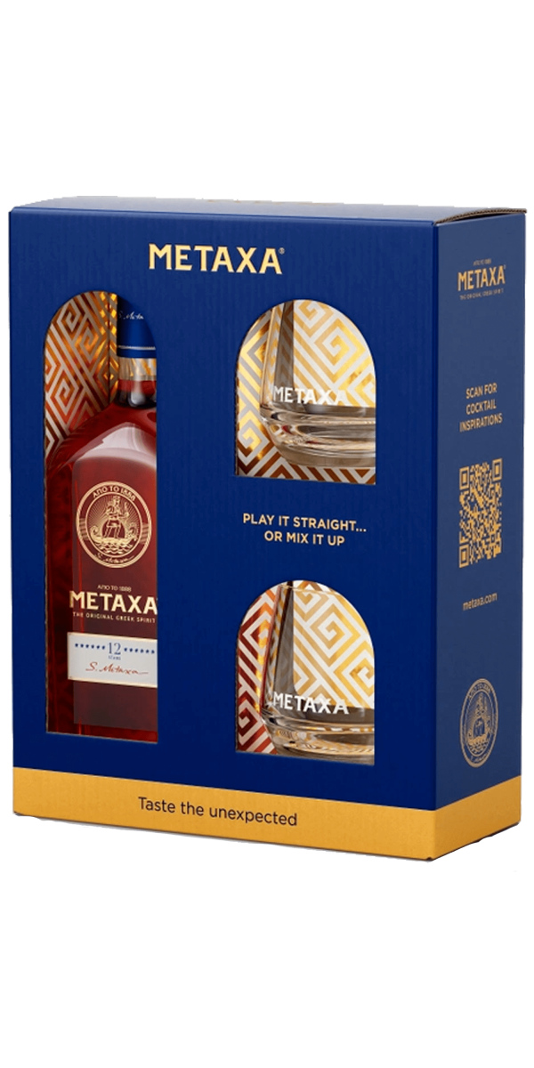 Фото Набір алкогольний напій Metaxa 12* 0.7л у коробці + 2 склянки-каталог