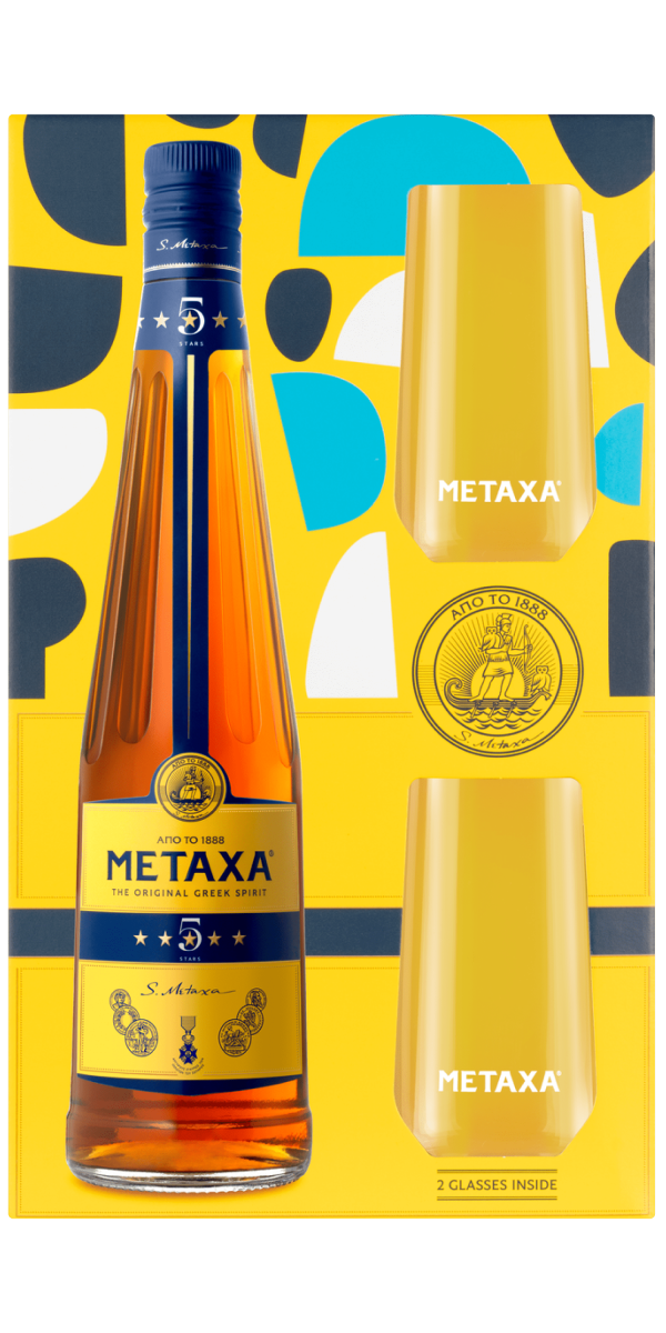 Фото Набор алкогольній напиток Metaxa 5* + два стакана 0.7л №1