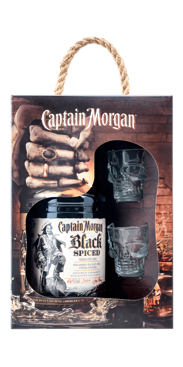 Фото Ромовый напиток Captain Morgan Black Spiced 0.7л + 2 рюмки-каталог