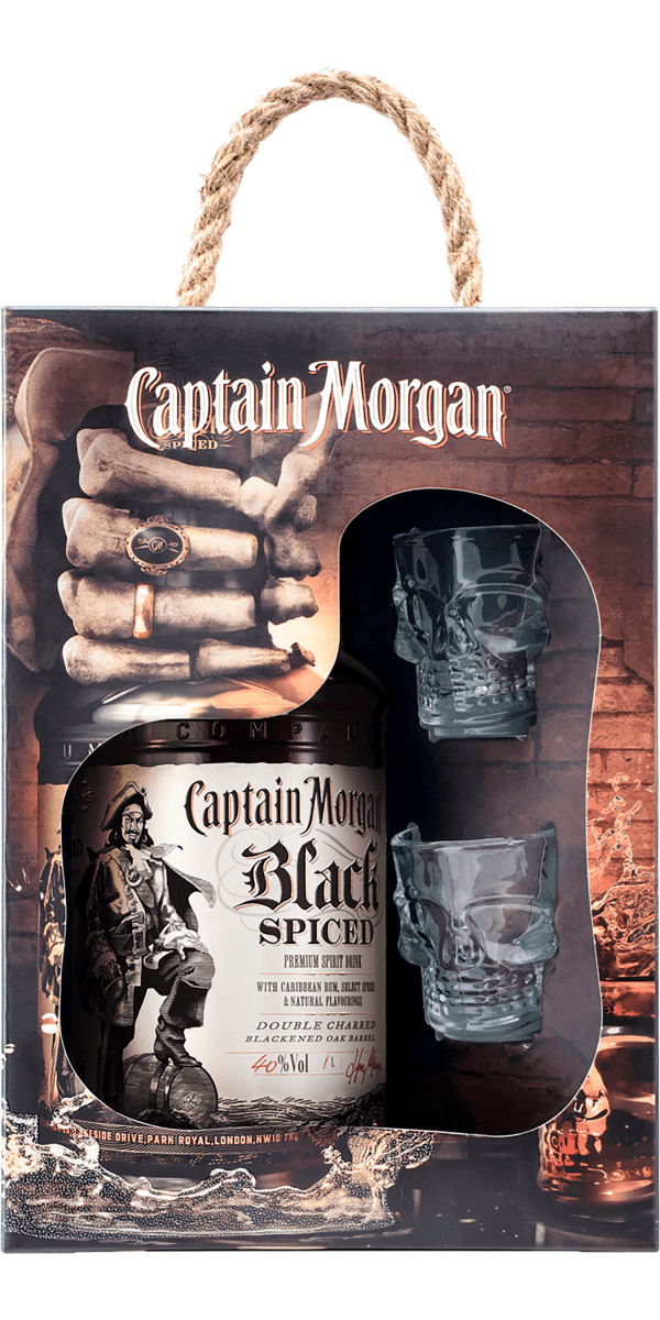 Фото Ромовый напиток Captain Morgan Spiced Black 1л + 2 рюмки-каталог