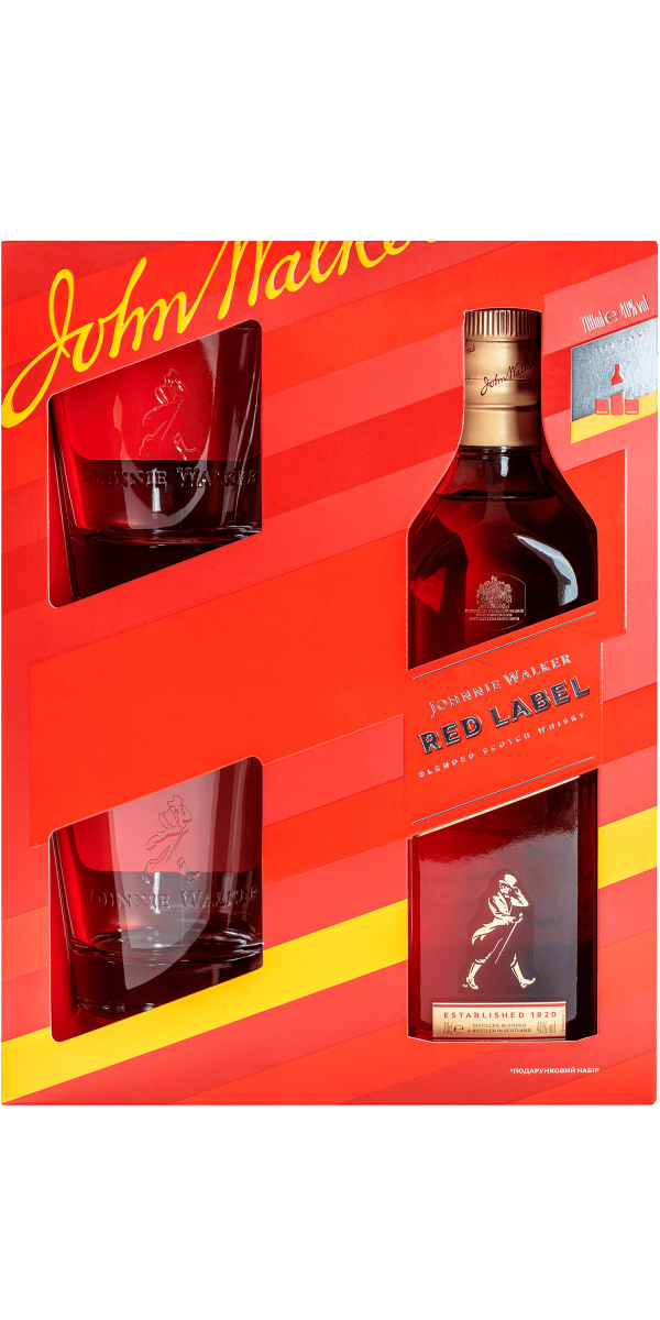 Фото Виски Johnnie Walker Red label 0.7л в подарочной упаковке + 2 стакана-каталог